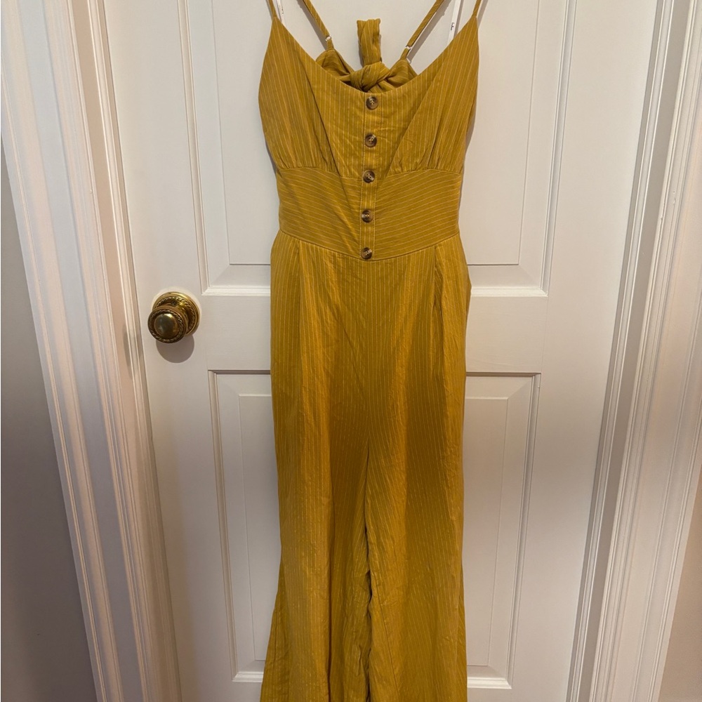 Mustard Yellow Button-Front Jumpsuit with Tie Back